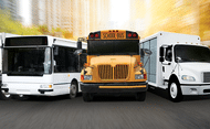 Image of school bus, city bus, tractor, refrig truck and van