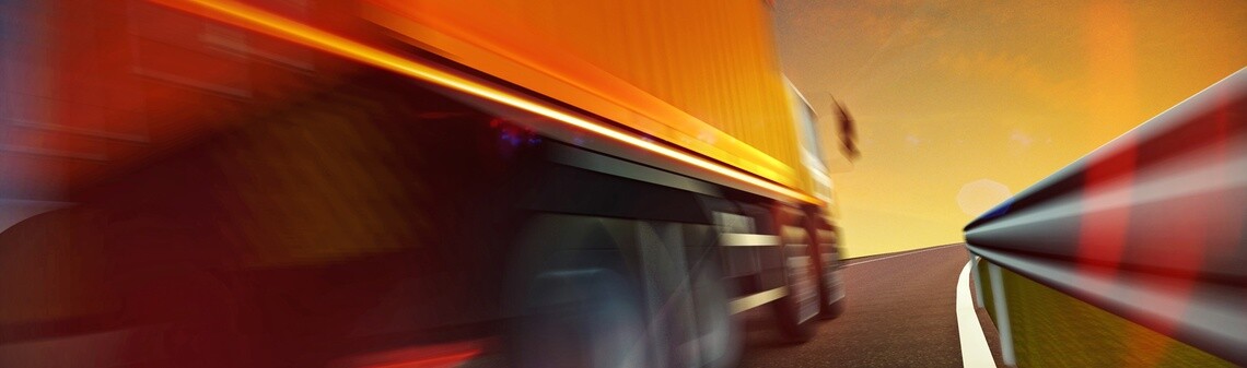 3d illustration of Speeding Transportation Semi Truck with Container driving on highway road on sunset. Motion blur and speed lines