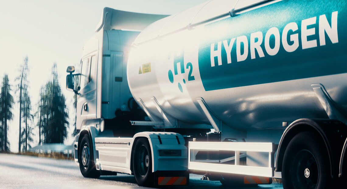 Hydrogen logistics concept. Truck with gas tank trailer on the road lined with solar power plants. 3d rendering