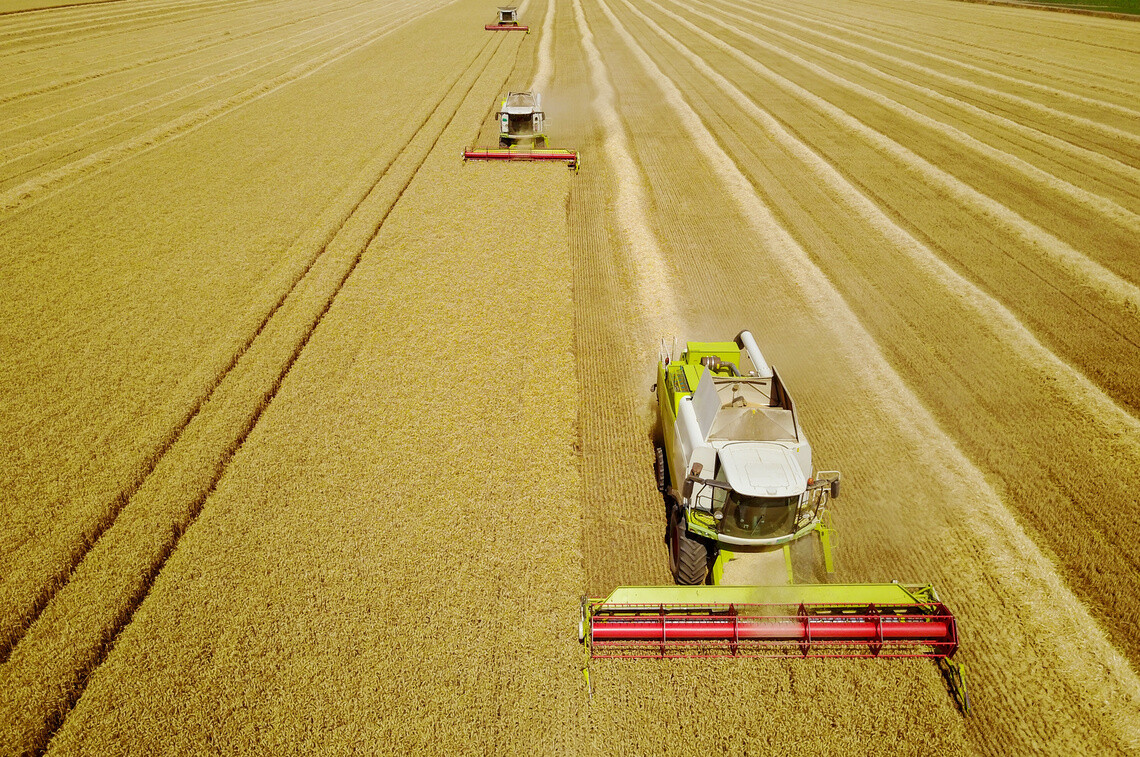 Aerial shot of yellow harvesters working on wheat field.