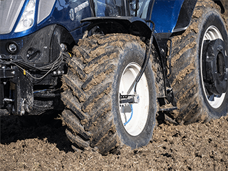 Tractor tire has CTIS equipped to ensure traction on mud and limit soil compaction