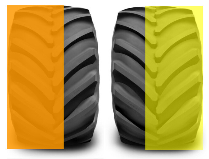 Tyre wear due to toe-in misalignment, accentuated on the right-hand tyre, close to the edge of the road