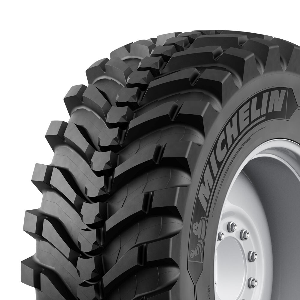 Close-up of a Michelin EVOBIB agricultural tire showing the tread pattern.