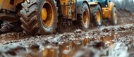 muddy terrain with grader driving in background