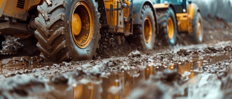 muddy terrain with grader driving in background