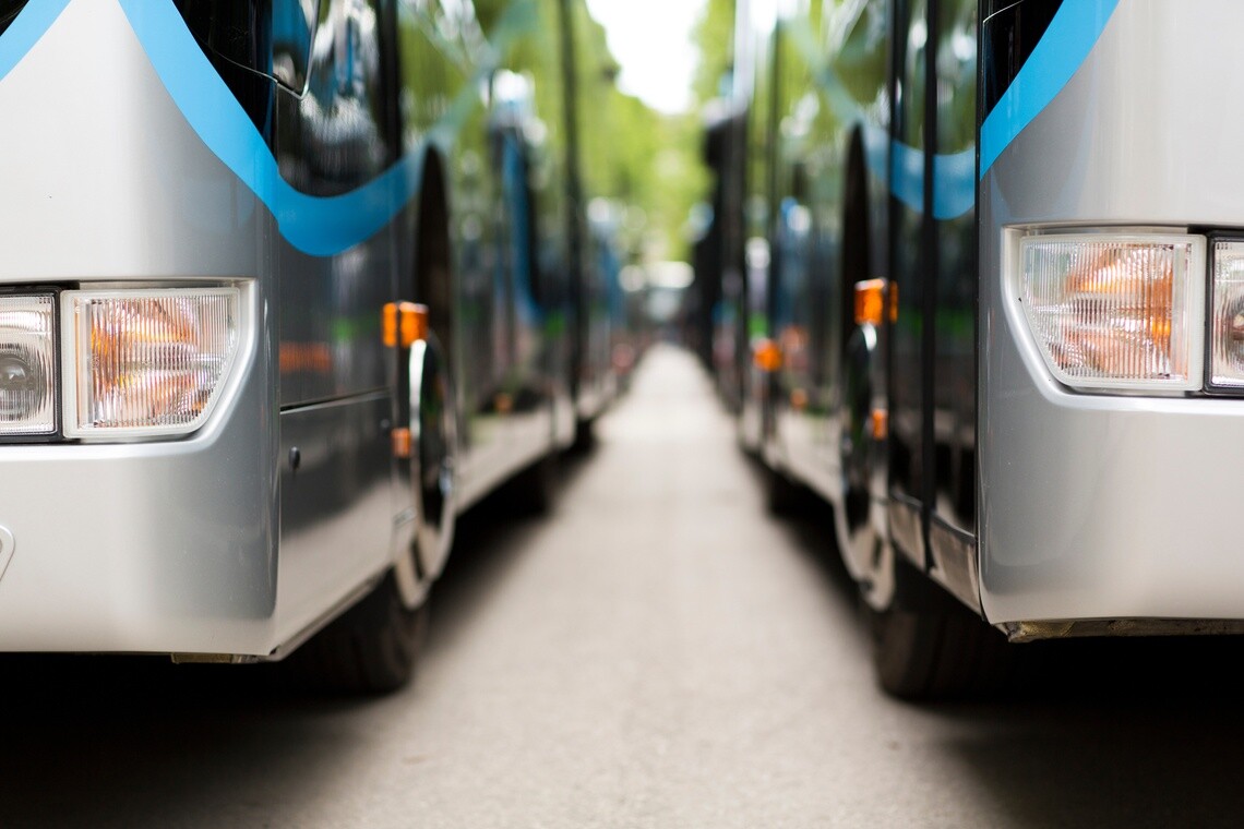 Looking down a row of silver and blue charter buses