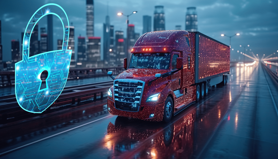 Red semi truck driving in city toward cybersecurity lock