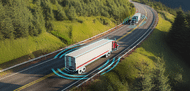 Semi trucks on a wooded highway with wifi lines around them symbolizing they use telematics systems