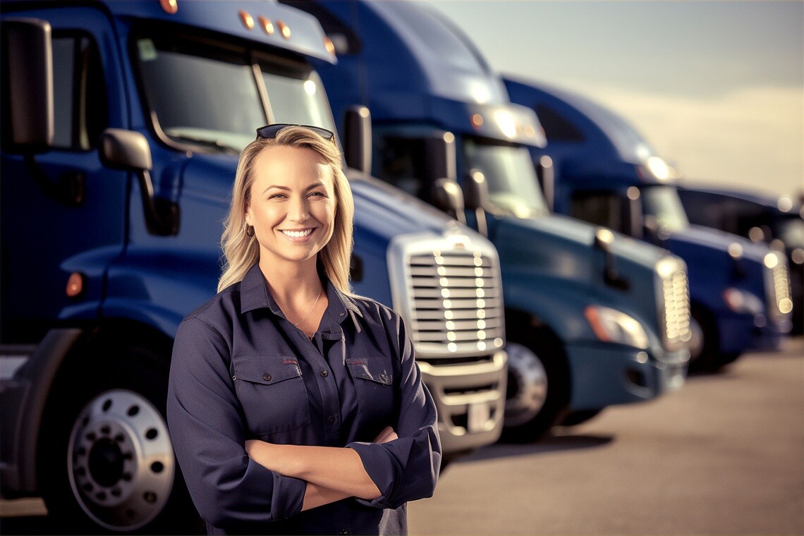 female driver in front of fleet