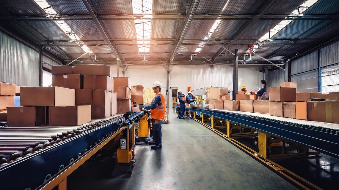 Inside a warehouse with two conveyor belts stacked with boxes and an employee inspecting them as they move down the belt