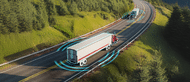 Semi trucks on a wooded highway with wifi lines around them symbolizing they use telematics systems