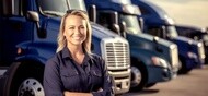 female with arms crossed standing in front of row of blue truck cabs