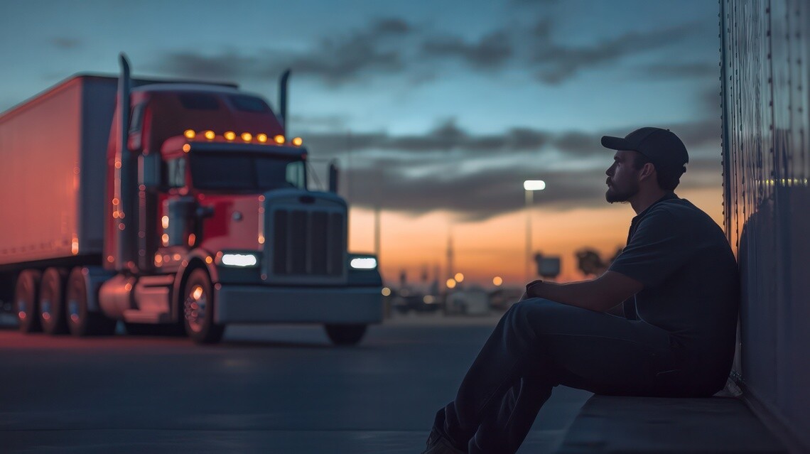 A stopped red semi truck against a setting sun in the background while a truck driver sits against his truck in the foreground