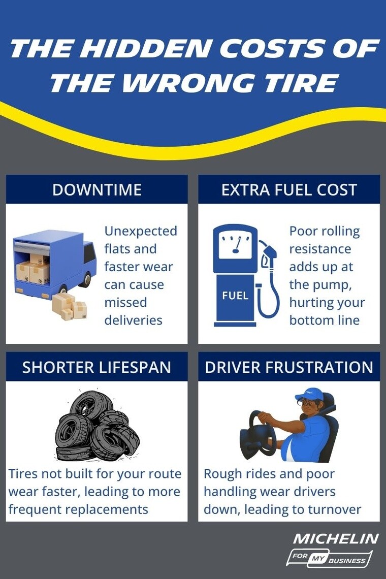 Infographic showing four boxes of issues when the wrong tire is chosen: downtime, extra fuel cost, shorter lifespan and driver frustration