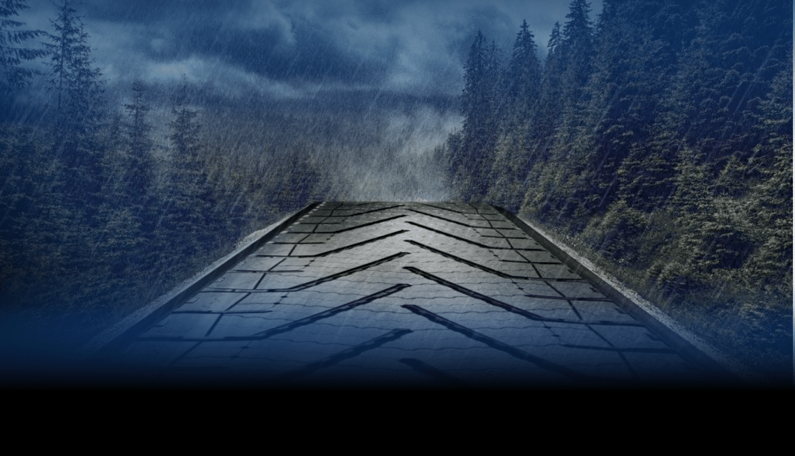 A dark, rainy view of a forest with a road cutting through it and the road looks like the tread of a tire