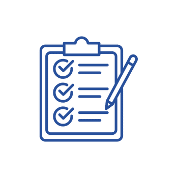 Blue icon of clipboard with list of 3 items all checked off