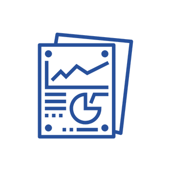 Blue icon of paper depicting graphs and charts for performance analytics