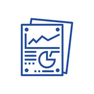 Blue icon of paper depicting graphs and charts for performance analytics