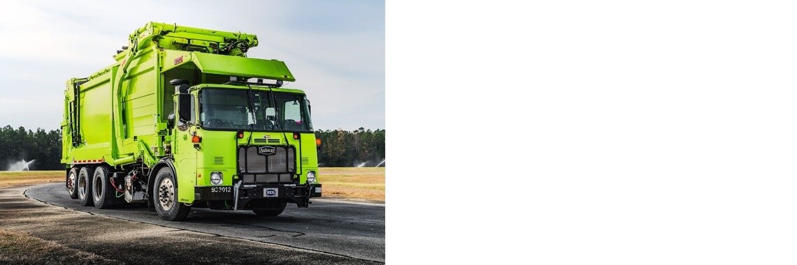 Neon green garbage truck on left and white background on right