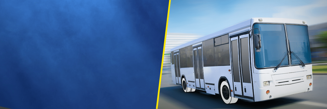 Split screen with blue on left and white city bus with white tire overlays on right