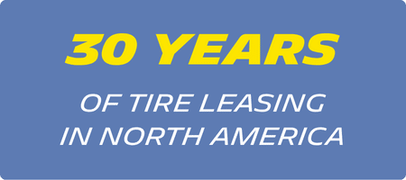 Blue stat box with writing in yellow and white that says 30 years of tire leasing in North America