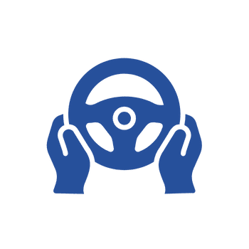 blue steering wheel being held by a blue hand at the 10 and 2 o'clock positions