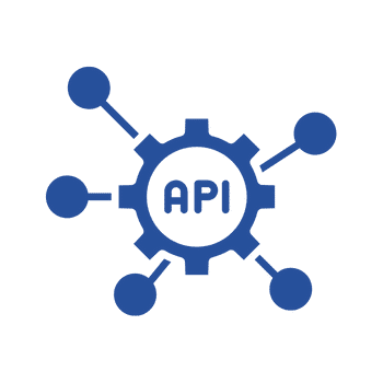 api icon Blue cog design in the center with API written and branches coming out from it