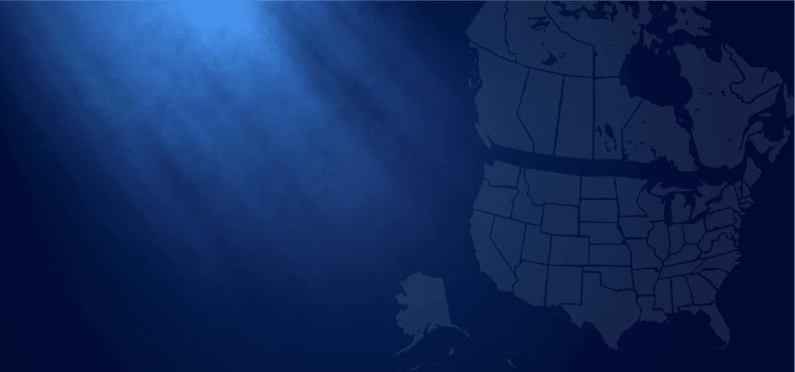Blue gradient background with US and Canada outline on right very faded