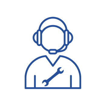 Icon in blue of person with phone headset and wrench on shirt to signify mechanic