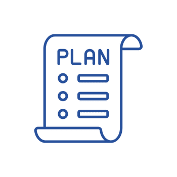 Blue icon of a sheet of paper with plan written on it
