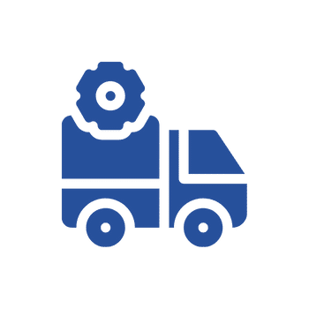 blue icon of a truck with a gear
