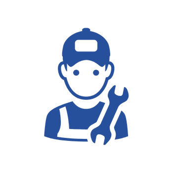 blue icon of a male with a hat and a wrench