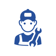 blue icon of a male with a hat and a wrench