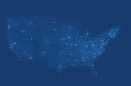 Map of US with lighted dots on blue overlay
