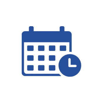Icône bleue d’un calendrier avec une horloge dans le coin inférieur droit pour symboliser la planification