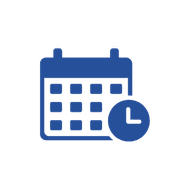 Blue icon of a calendar with clock in bottom right corner to symbolizing scheduling