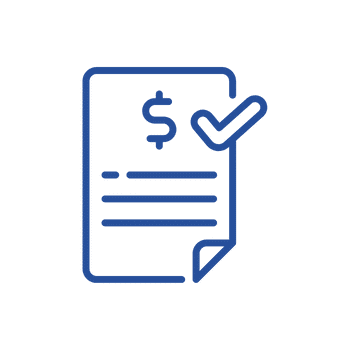Blue icon of a paper invoice with dollar sign and check mark