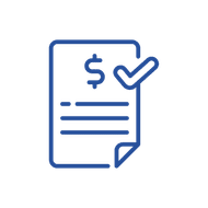 Blue icon of a paper invoice with dollar sign and check mark