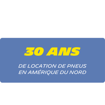 Boîte de statistiques bleue avec un texte en jaune et blanc indiquant 30 ans de location de pneus en Amérique du Nord