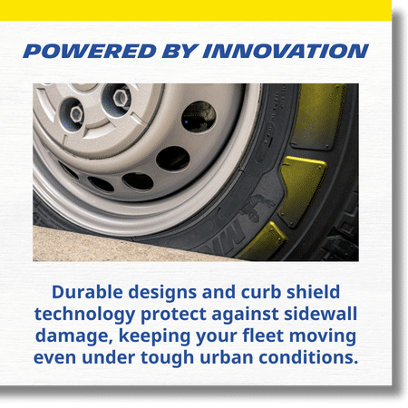 white texture background and yellow border across the top with an image of a tire and text Powered by Innovation - Durable designs and curb shield technology protect against sidewall damage, keeping your fleet moving even under tough urban conditions.