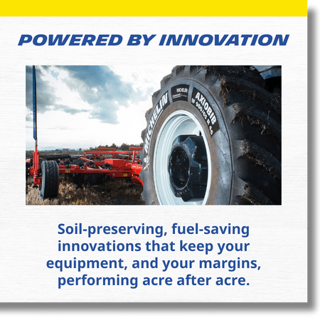 white textured background with yellow top border and a closeup of a tractor tire pulling implement with text: Powered by Innovation - Soil-preserving, fuel-saving innovations that keep your equipment, and your margins, performing acre after acre.