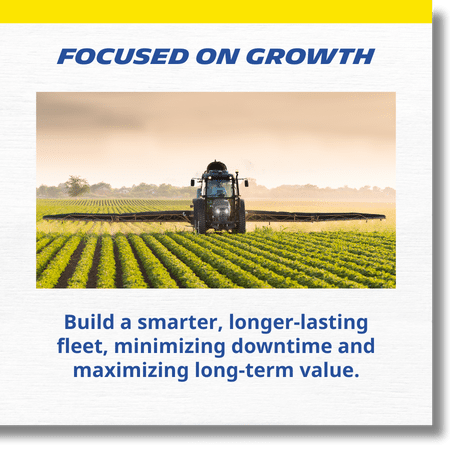 white textured background with yellow top border and image of tractor spraying in field with text Focused on Growth - Build a smarter, longer-lasting fleet, minimizing downtime and maximizing long-term value.
