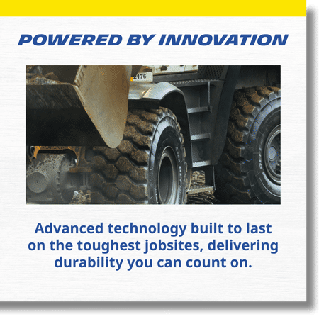 white textured background and yellow top border with wheel loader image and text - Powered by Innovation - Advanced technology built to last on the toughest jobsites, delivering durability you can count on.