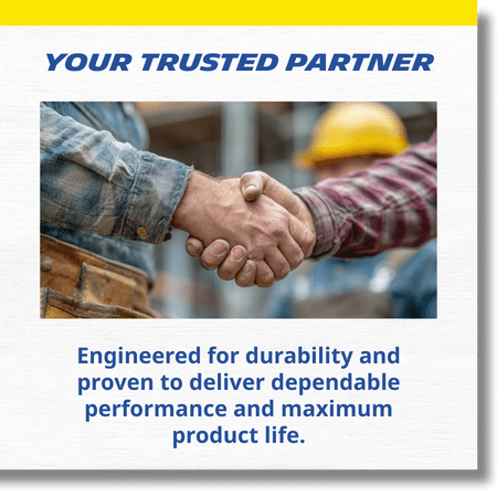 white textured background and yellow top border with image of construction workers shaking hands and text - Engineered for durability and proven to deliver dependable performance and maximum product life.