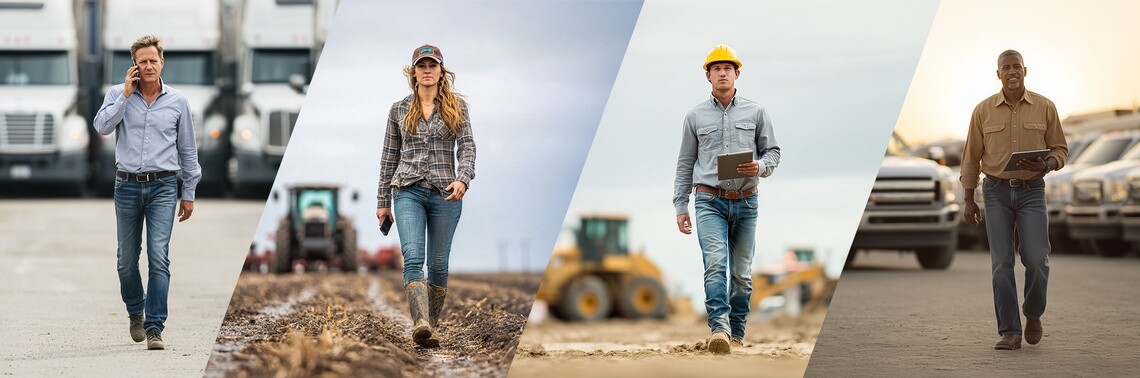Quatre images côte à côte de personnes (homme, femme, homme, homme) marchant vers la caméra, avec en arrière-plan un chantier représentant les secteurs du transport longue distance, de l’agriculture, de la construction et des services professionnels