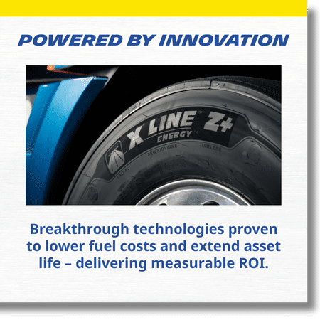 White texture background and yellow border with words Powered by Innovation - Breakthrough technologies proven to lower fuel costs and extend asset life – delivering measurable ROI.