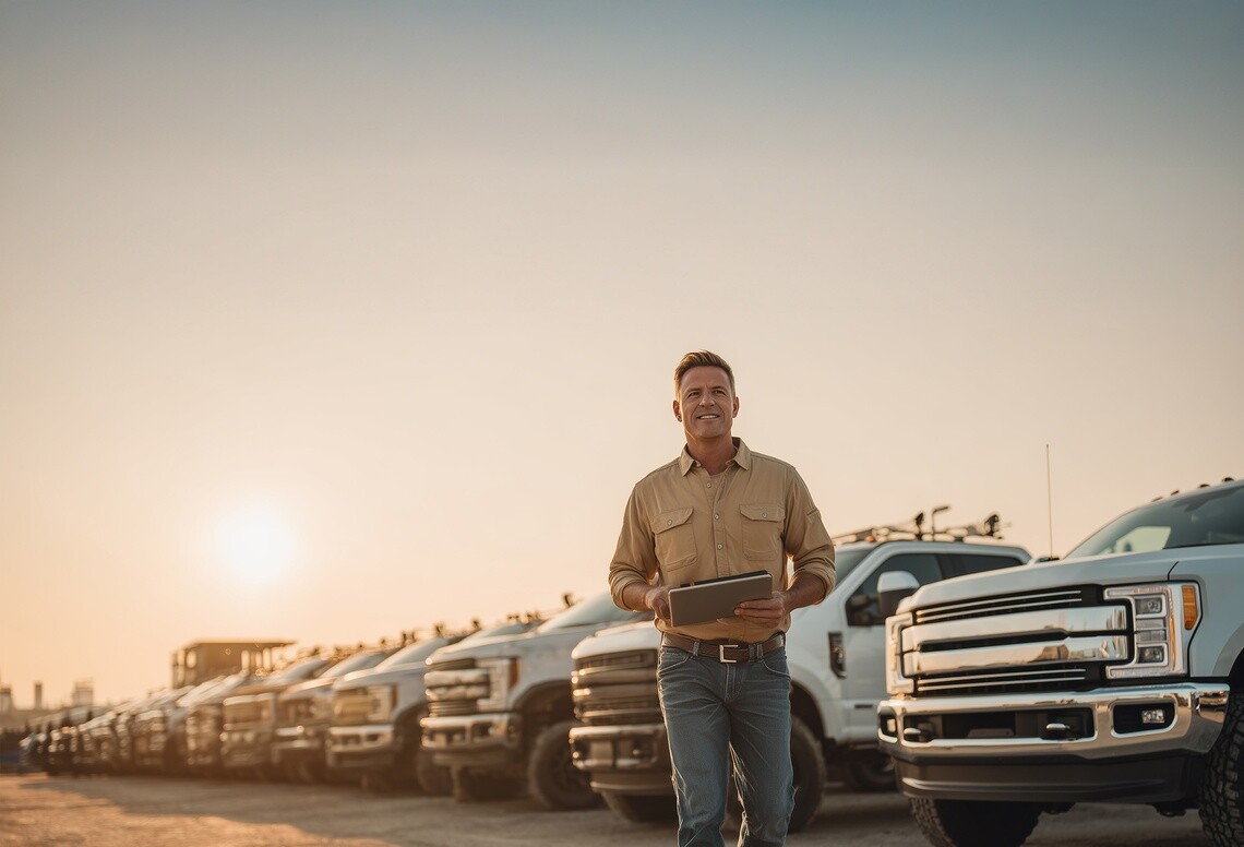 Man holding a clipboard walking toward the camera with a row of white pickup trucks in the background