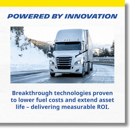 White texture background and yellow border with words Powered by Innovation - Breakthrough technologies proven to lower fuel costs and extend asset life – delivering measurable ROI.