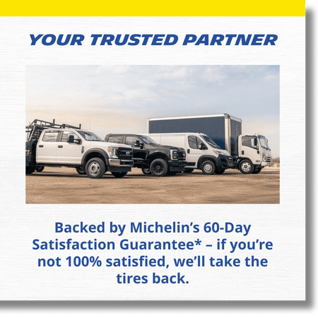 white texture background and yellow top border with image of two men talking near tires with text Your Trusted Partner - Backed by Michelin’s 60-Day Satisfaction Guarantee* – if you’re not 100% satisfied, we’ll take the tires back.