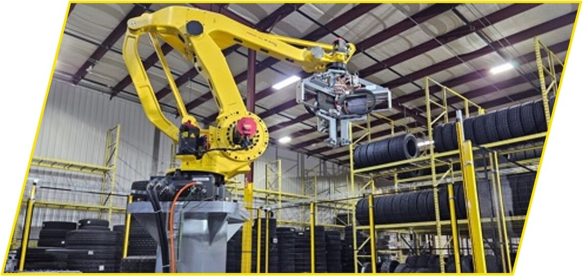 Machine in a retread facility moving tires